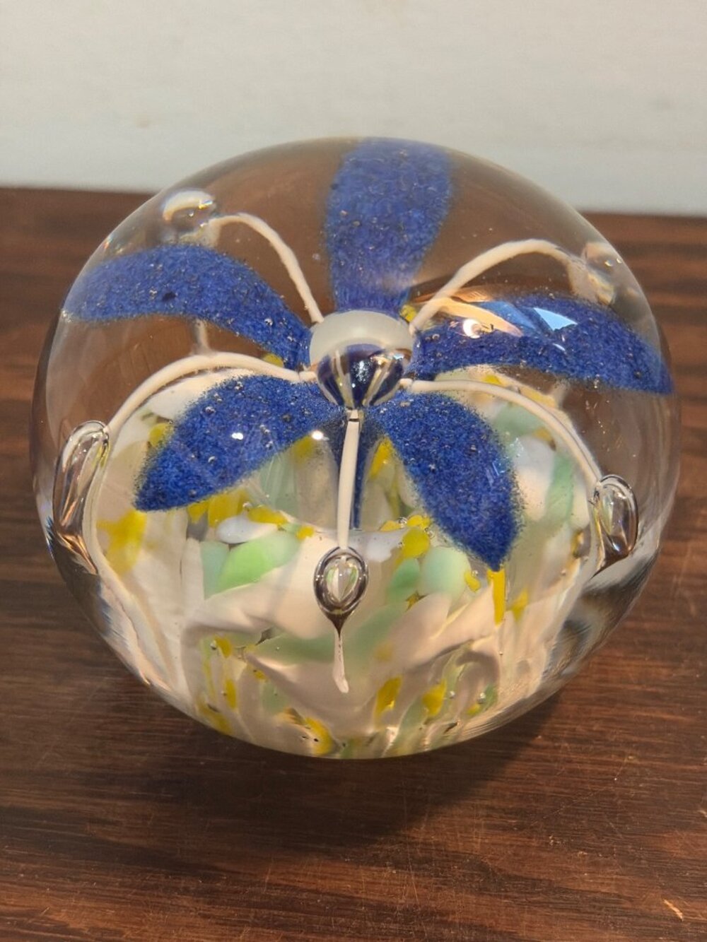 VTG Handcrafted Glass Paperweight Blue Flower Design 3" Clear Yellow & Green